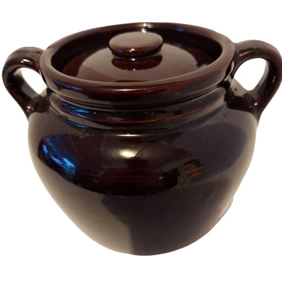 Bean Pot Brown Stoneware Ceramic Glazed 2 Handle Ovenproof w/Lid Antique Prim - Picture 5 of 16
